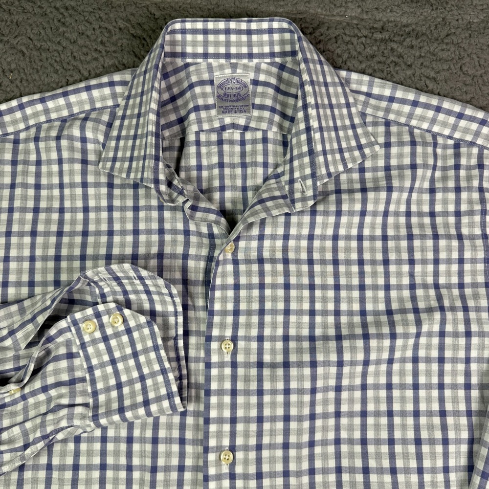 VINTAGE Brooks Brothers Makers Shirt Mens 17.5 - 34 Blue Gingham Plaid Check USA